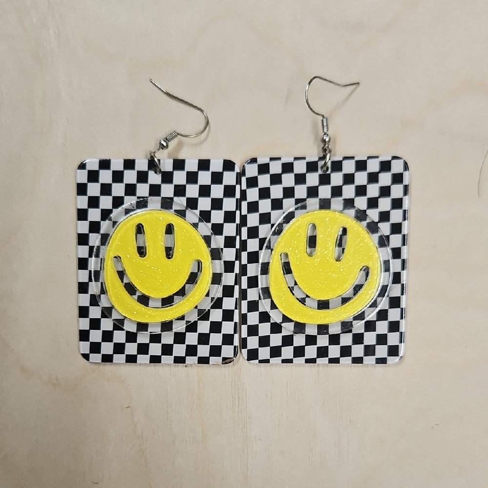 Smiley Face Checkered Earrings for Kids